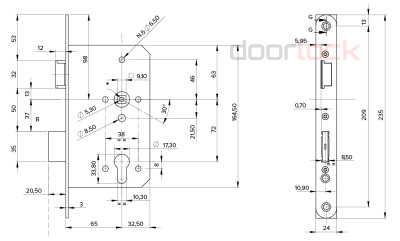 Замок дверной огнестойкий DL 1769/D/65mm, антипаник,  оцинкованный